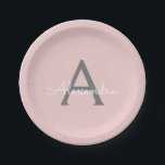 Plato De Papel Rubor Gris Rosa Girly Script Monograma moderno<br><div class="desc">Monograma rosa y gris de Rubor Añada sus propias placas de Fiesta de script de nombres. Esto hace que el dulce perfecto cumpleaños 16,  boda,  ducha de novia,  aniversario,  ducha de bebé o fiesta de soltera sea regalo para alguien que ama el lujo glam y los estilos de moda.</div>