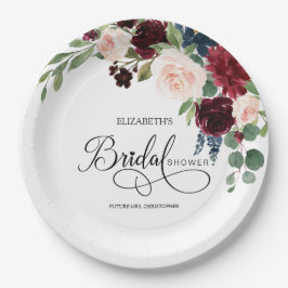 Plato De Papel Rubor Navy Burguny Marsala Floral Bridal Shower