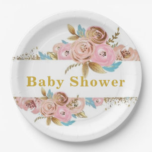 Plato De Papel Rubor Pink and Gold Verde azulada Peony Baby Showe