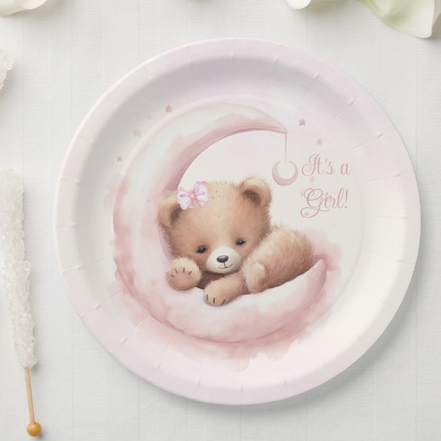 Plato De Papel Rubor Pink Bear Chica Baby Shower (You can personalize with your text.)