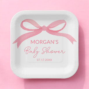 Plato De Papel Rubor Pink Bow Watercolor Baby Shower