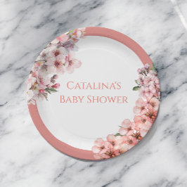 Plato De Papel Rubor Pink Cherry Blossom Elegant Baby Shower