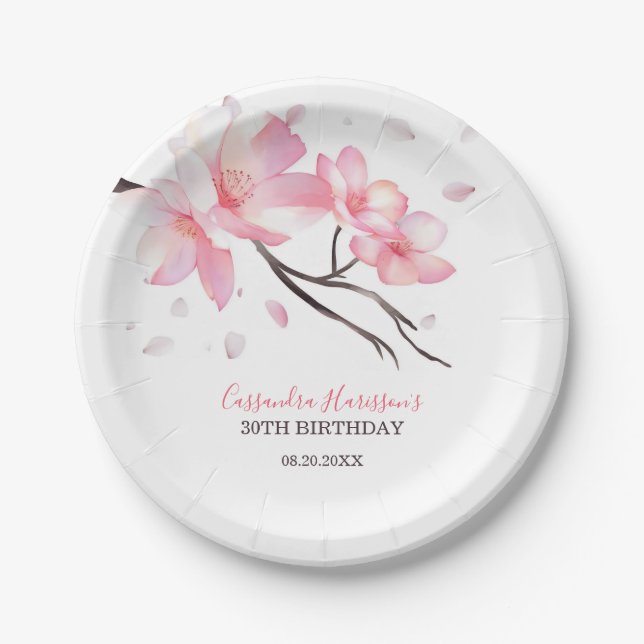 Plato De Papel Rubor Pink Cherry Blossom Sakura Cumpleaños (Anverso)