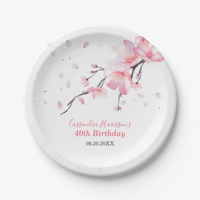 Plato De Papel Rubor Pink Cherry Blossom Sakura Floral Birday (Anverso)