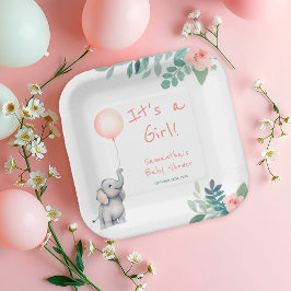 Plato De Papel Rubor Pink Cute Elephant Balloon Baby Shower