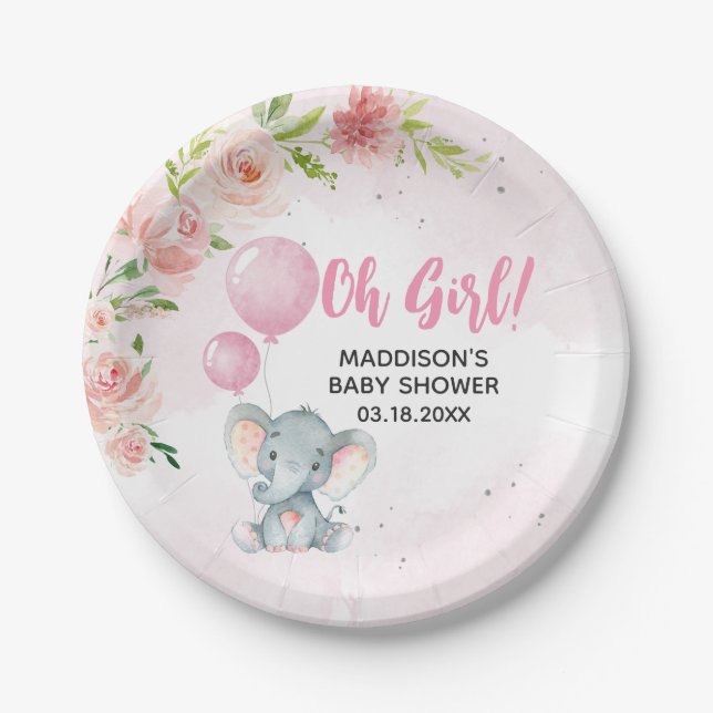 Plato De Papel Rubor Pink Elephant Baby Shower (Anverso)