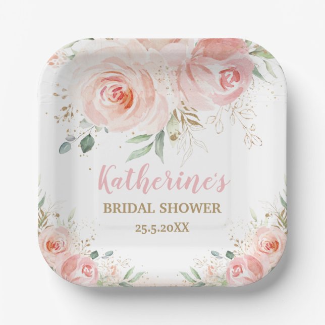 Plato De Papel Rubor Pink Floral Bridal Baby Shower Cumpleaños (Anverso)