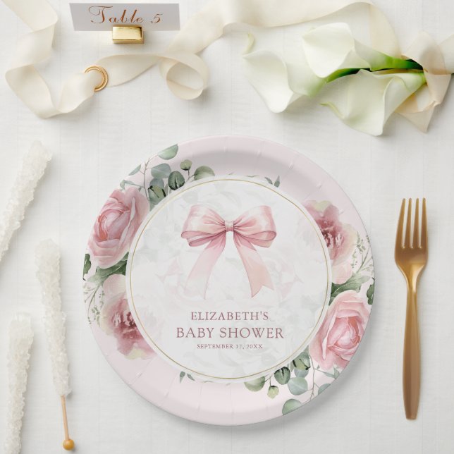 Plato De Papel Rubor Pink Floral Coquette Bow Baby Shower (Boda)