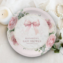Plato De Papel Rubor Pink Floral Coquette Bow Baby Shower