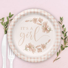 Plato De Papel Rubor Pink Floral Gingham Baby Girl Baby Shower