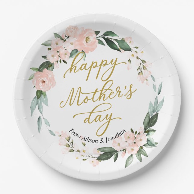 Plato De Papel Rubor Pink Floral Wreath Happy Mothers Day (Anverso)