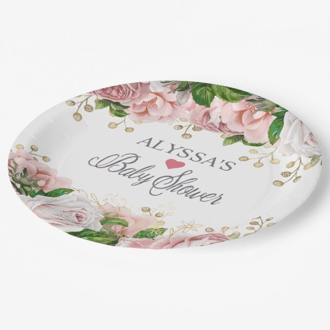 Plato De Papel Rubor Pink Gold Flor Little Girl Baby Shower (Angular)