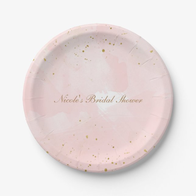 Plato De Papel Rubor Pink & Gold Splatter Ducha Nodal Moderna (Anverso)