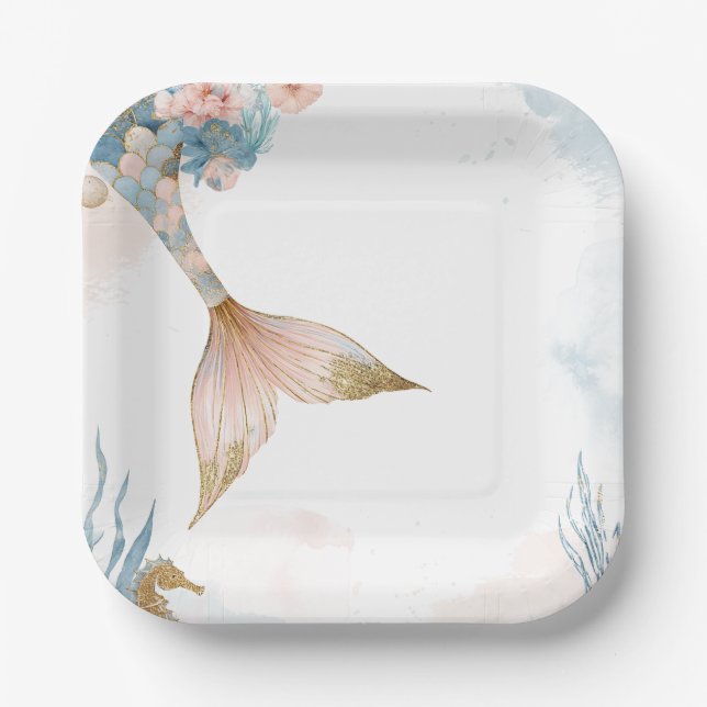 Plato De Papel Rubor Pink Mermaid Tail Baby Shower (Anverso)