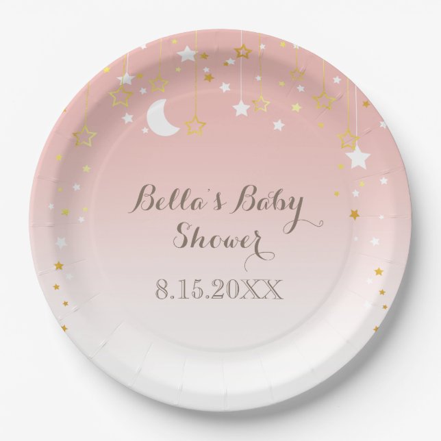 Plato De Papel Rubor Pink Stars Moon Baby Shower (Anverso)