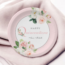 Plato De Papel Rubor Pink Watercolor Floral Quinceañera Cumpleaño
