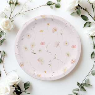 Plato De Papel Rubor Pink Wildflower Floral Baby Shower