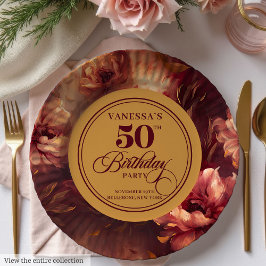 Plato De Papel Rubor Red Gold Flowers 50th Birthday