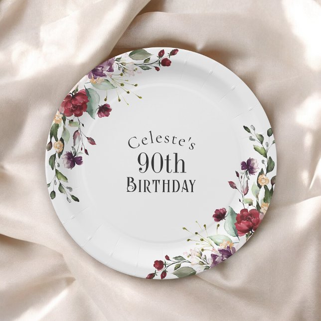 Plato De Papel Rubor rojo y Purple Elegant Floral 90 cumpleaños (Subido por el creador)