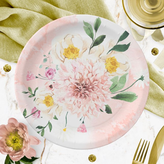 Plato De Papel Rubor Romántico acuarela Floral Bridal Shower (Subido por el creador)