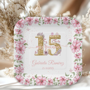 Plato De Papel Rubor Rosa Dorado Mis Quince Quinceañera