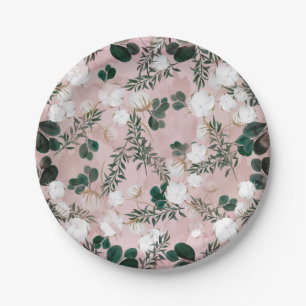 Plato De Papel Rubor Taupe Algodón Floral Verdor Rústico Boda
