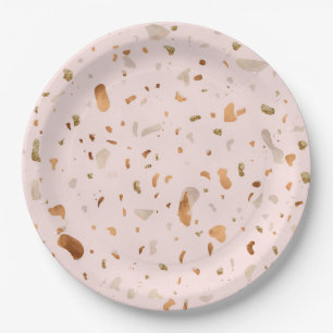 Plato De Papel Rubor Terrazzo Rosa Con Cuadros De Cobre De Oro