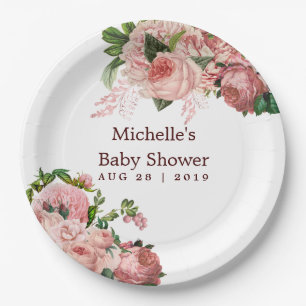 Plato De Papel Rubor vintage y Burgundy Floral Baby Shower