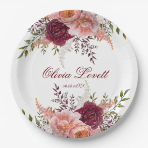 Plato De Papel Rubor y Burgundy Watercolor Peony Shower