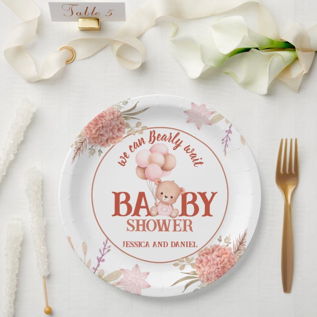 Plato De Papel Rubor y Oso Rosa Baby Shower 9" (Boda)