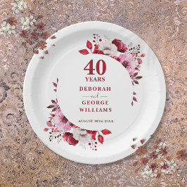 Plato De Papel Ruby Floral Moderno 40 Aniversario de Boda 