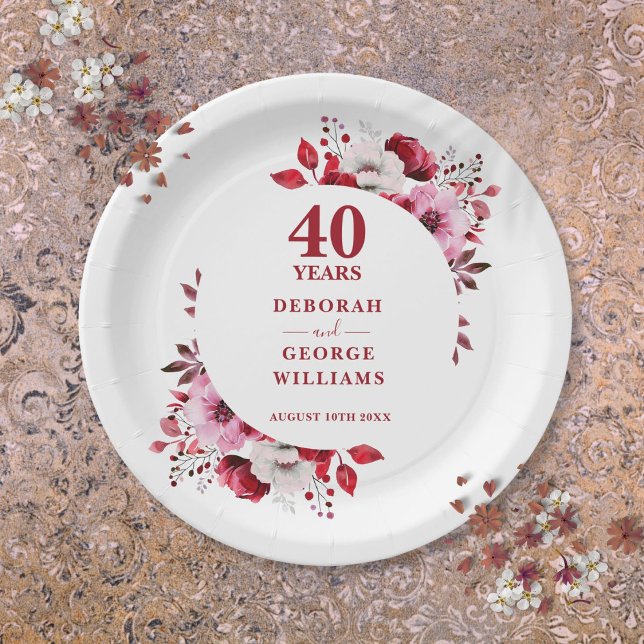 Plato De Papel Ruby Floral Moderno 40 Aniversario de Boda  (Ruby Modern Floral 40th Wedding Anniversary Paper Plates)