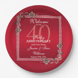 Plato De Papel Ruby Red Gems y Purpurina Ruby 40TH Boda