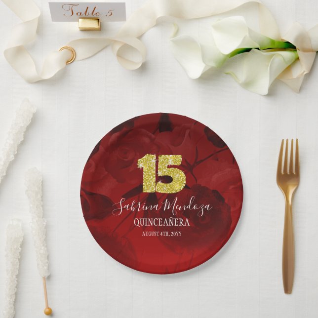 Plato De Papel Ruby Red Quinceanera Gold #15 Placas de papel (Boda)
