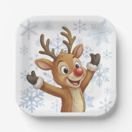 Plato De Papel Rudolph con copos de nieve azules