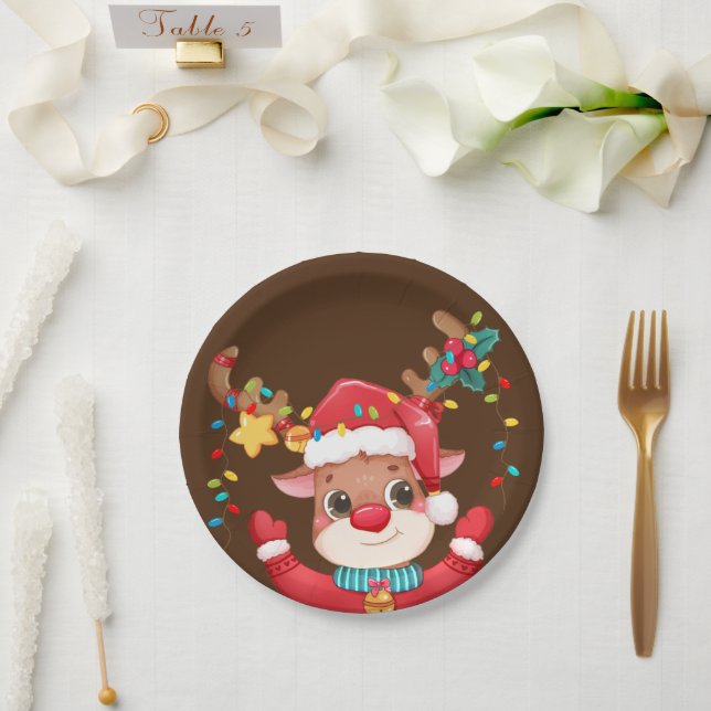 Plato De Papel Rudolph la Navidad de Reno Rojo (Boda)