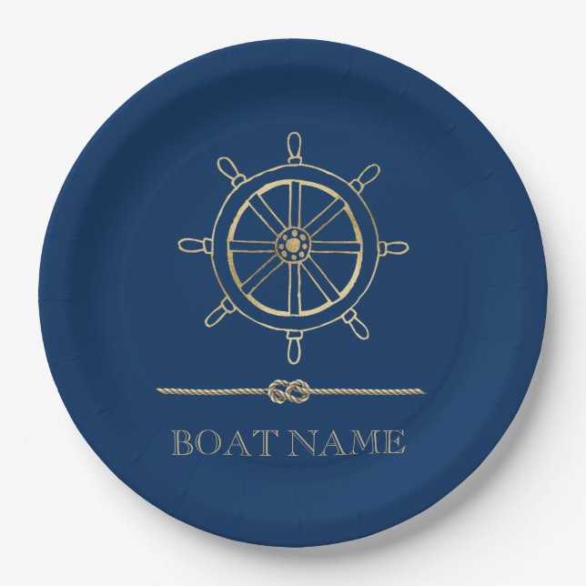 Plato De Papel Rueda Nautical Gold Boat,Azul marino (Anverso)