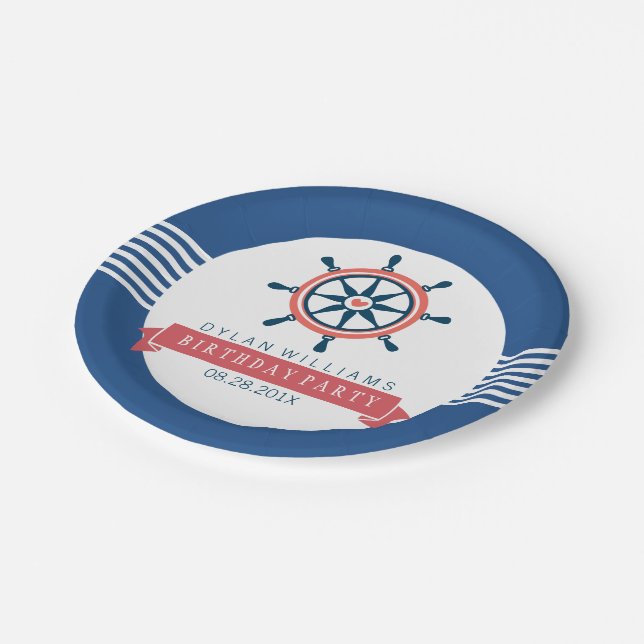 Plato De Papel Rueda y franjas de barcos náuticos azules de la ma (Angular)
