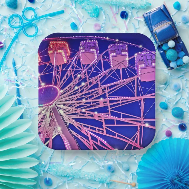 Plato De Papel Ruedas de Ferris roviarias rojas y violetas (Fiesta)