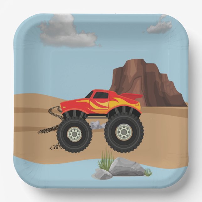 Plato De Papel Ruedas de ruedas de los monstruos naranjas, amaril (Anverso)