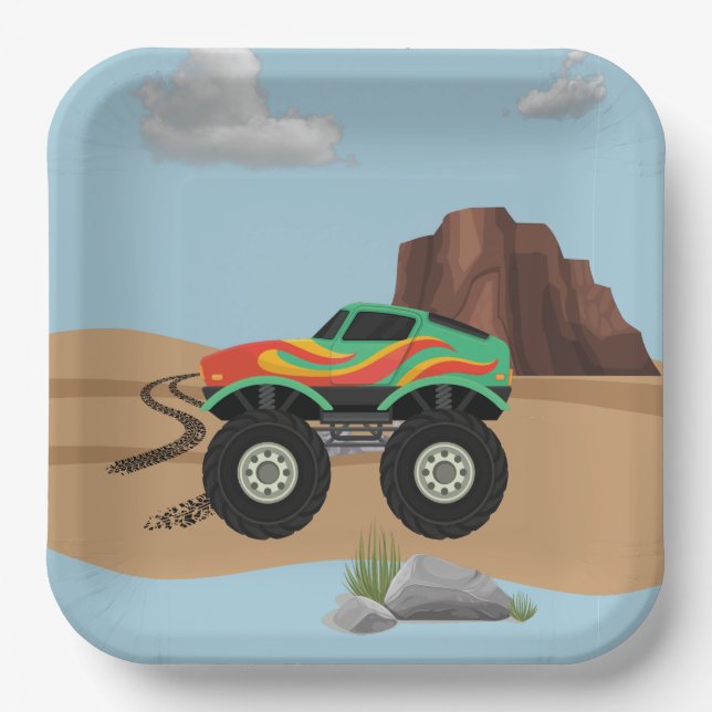 Plato De Papel Ruedas de ruedas de los monstruos naranjas, amaril (Anverso)