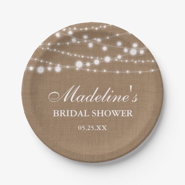 Plato De Papel Rusdal Bridal Shower Burlap String Luces (Anverso)