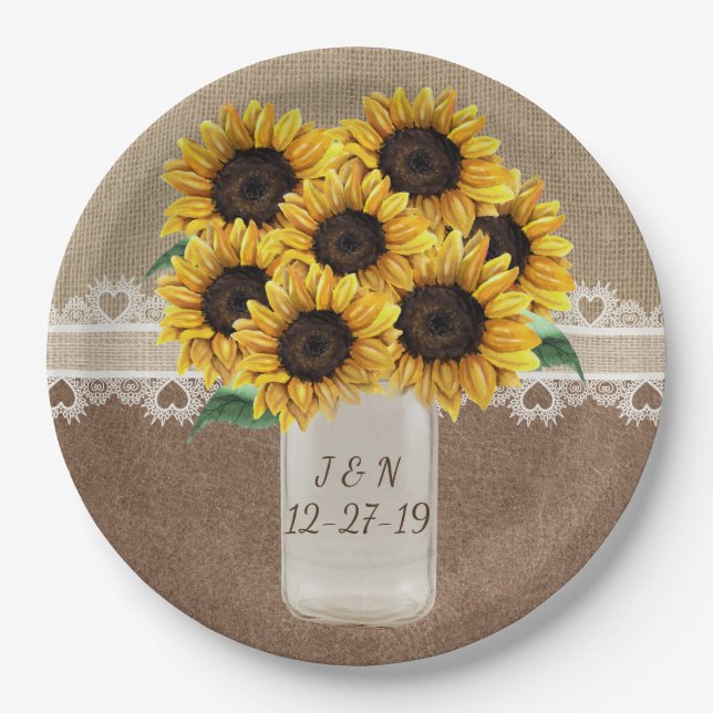 Plato De Papel Rusn Barn Boda Wood Mason Jar Sunflowers (Anverso)