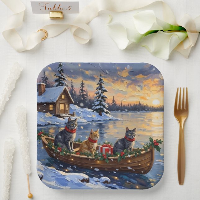 Plato De Papel Russian Blue Cat Christmas Boat Holiday (Boda)