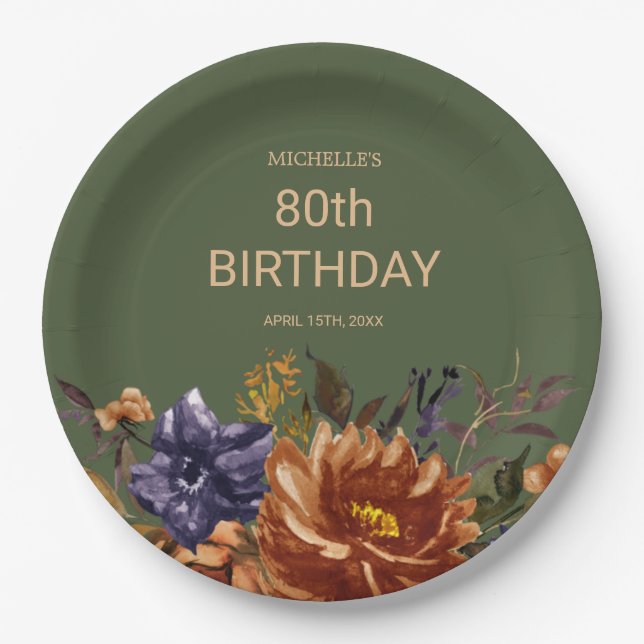 Plato De Papel Rust Naranja Blue Floral Green Birday (Anverso)