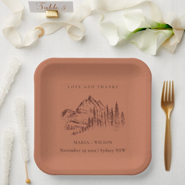 Plato De Papel Rust Naranja Pine Woods Boda de Sketch (Boda)