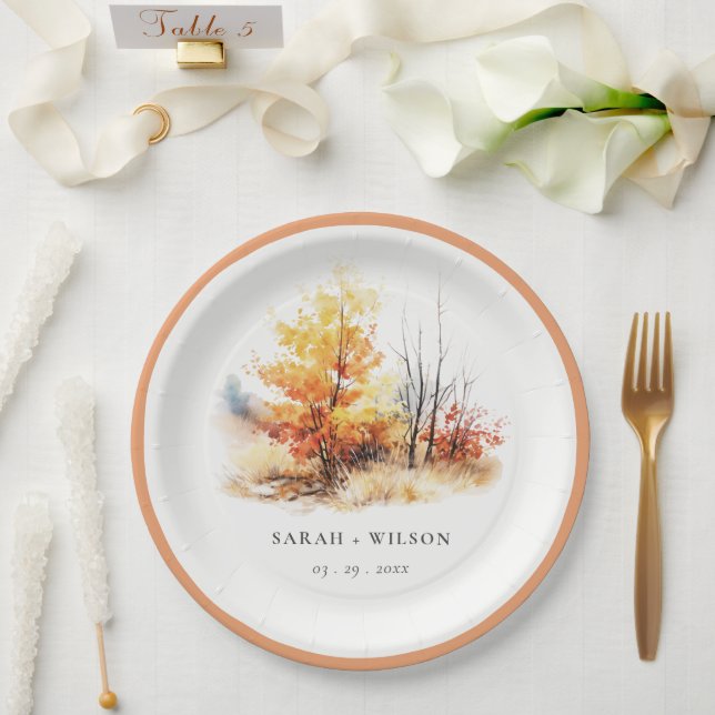 Plato De Papel Rust Yellow Otumt Fall Landscape Plaid Boda (Boda)