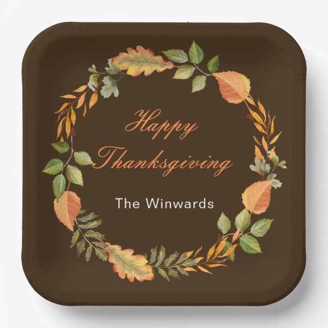 Plato De Papel Rustic Autumn Fall Leaves Square Thanksgiving  (Anverso)