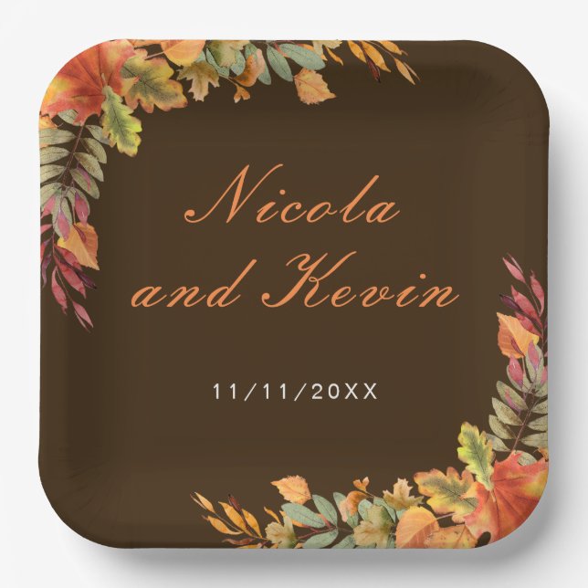 Plato De Papel Rustic Autumn Fall Leaves Wedding Thank You (Anverso)