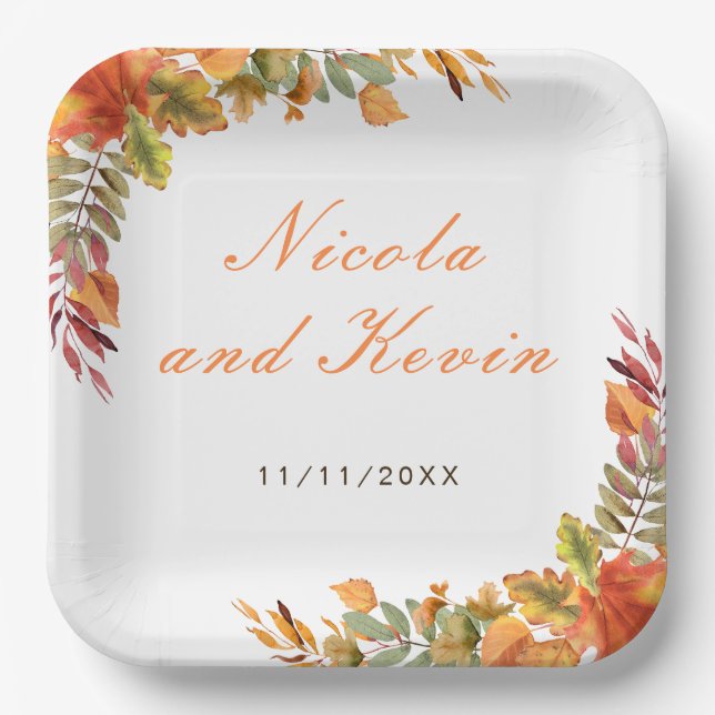 Plato De Papel Rustic Autumn Fall Leaves Wedding Thank You (Anverso)